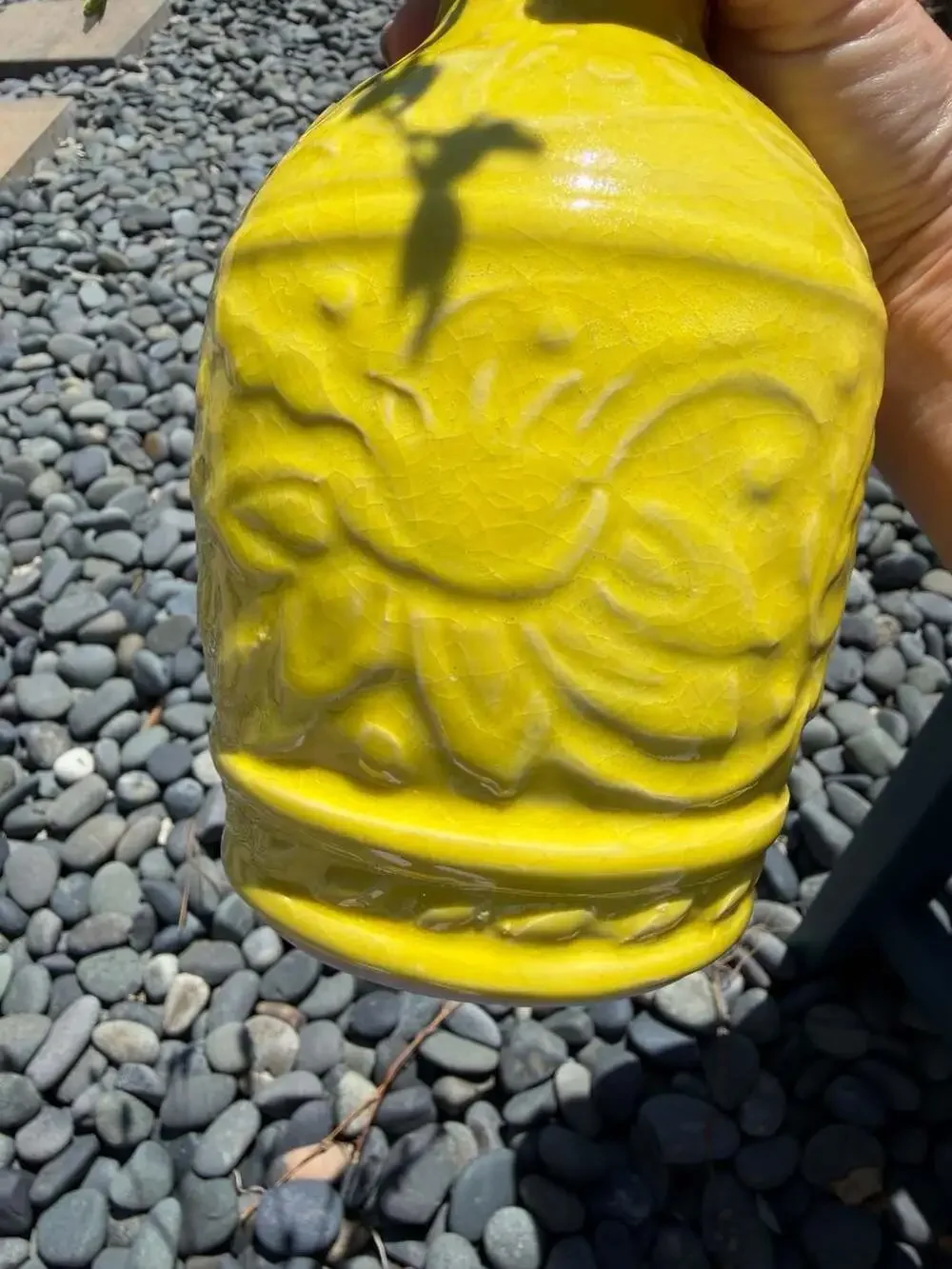 Handmade 2016 Yellow Glazed Ceramic Vase with Embossed Floral Detail‎ 8”